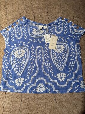 Joie Blue White Paisley Print 100% Linen Top Wooden Button Shoulders Size L NWT